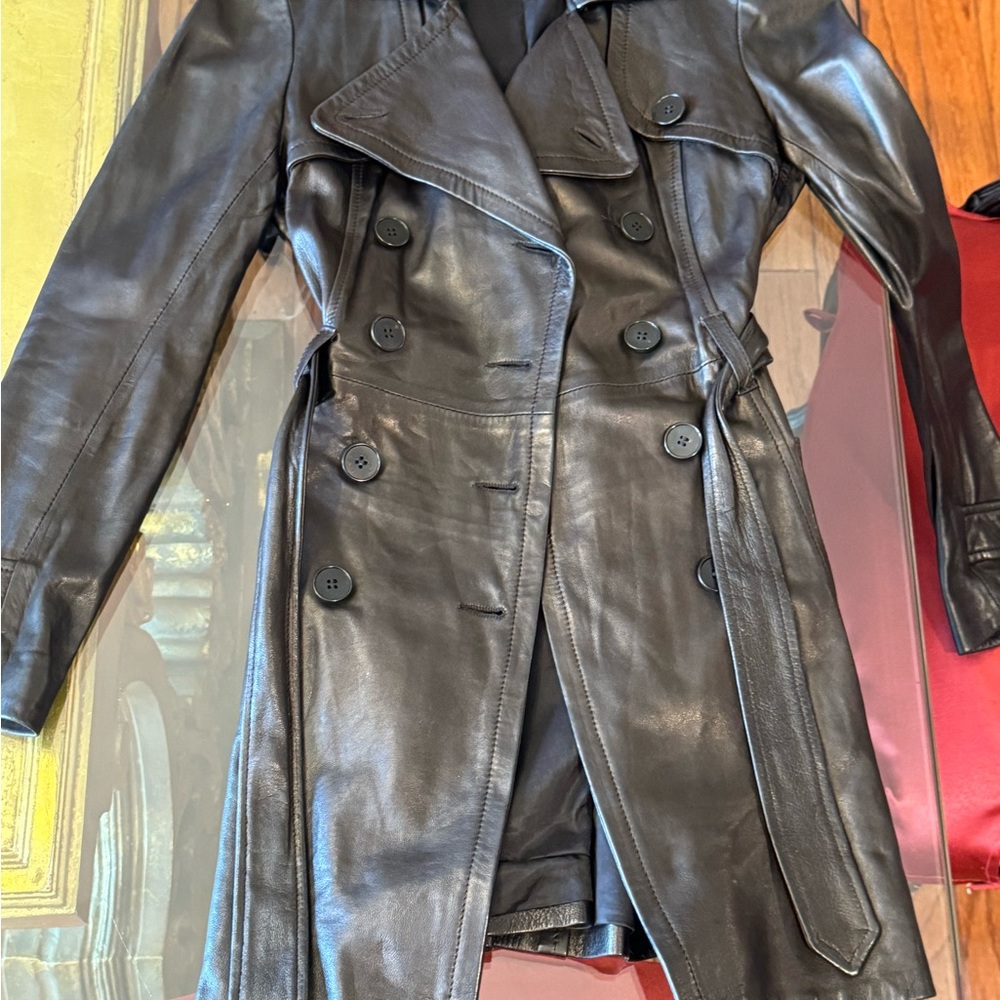 THEORY - Black Leather midi Trench Coat - Picture 2 of 3